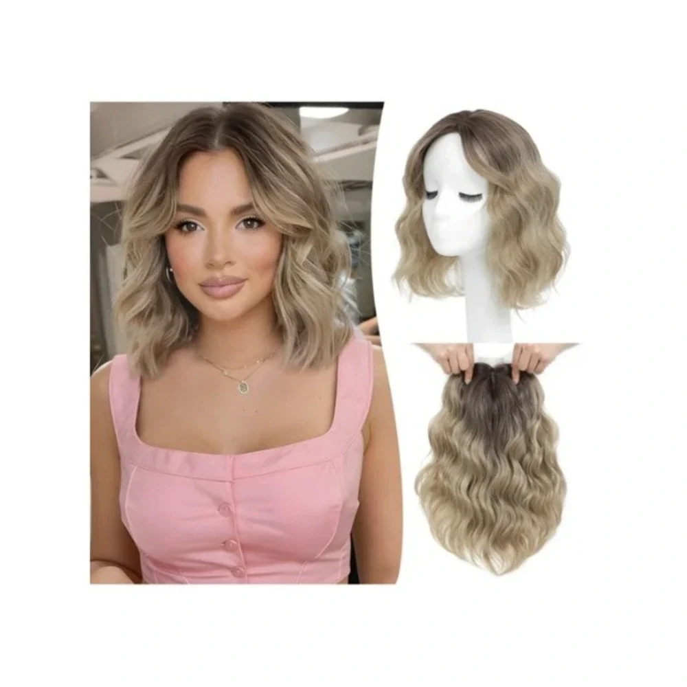 11in Short Wavy Hair Topper Ombre Brown Blonde Synthetic Hairpiece 6.5x6.5